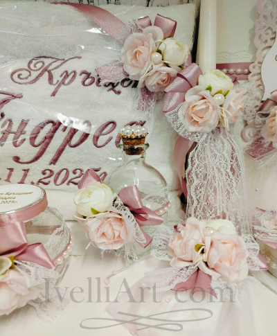 Луксозен комплект за кръщене в пепел от рози ФЛОРАЛНА НЕЖНОСТ