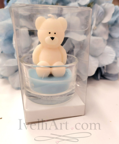 Свещ Мече в синьо  от соев восък в стъкленица подарък за гости 